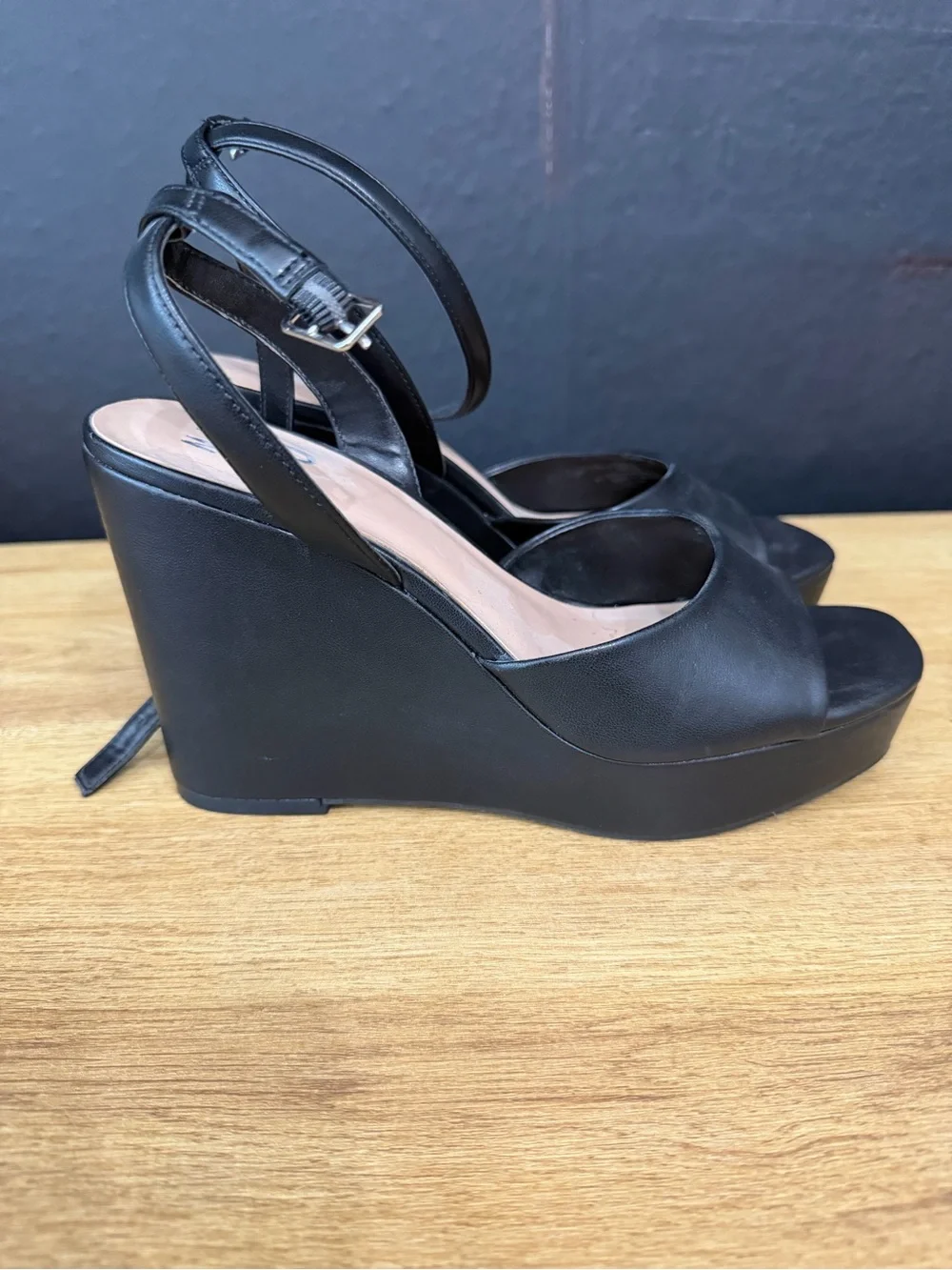 Black Wedge Platform Ankle-Strap Sandals